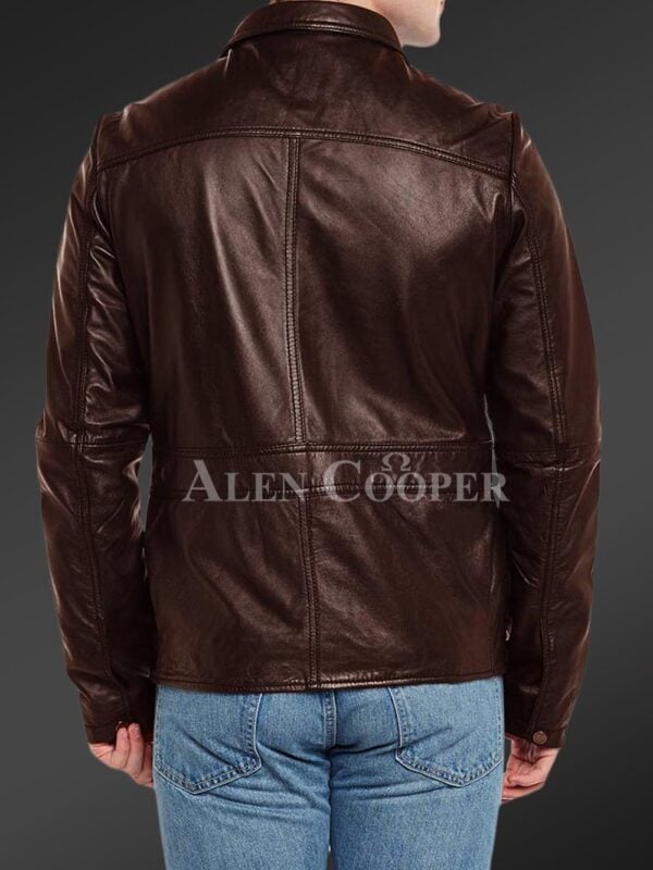 New Slim fit pure n smooth real leather jacket with double faced shearling collar in coffee back side view