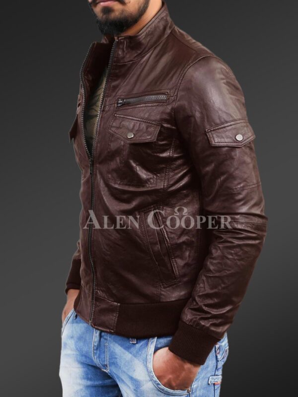 New Slim fit pure n smooth real leather jacket with double faced shearling collar in coffee side view