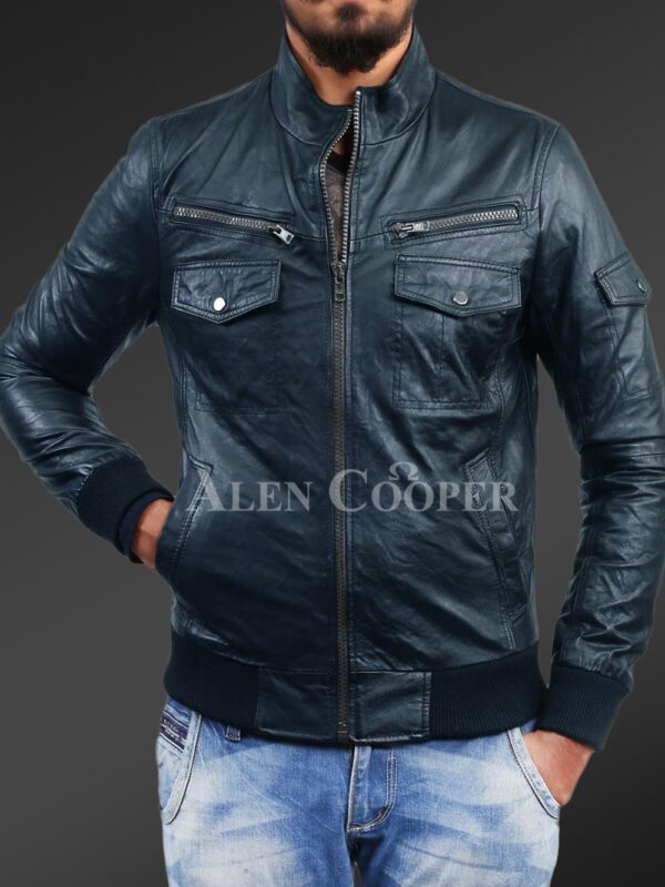 New Slim fit pure n smooth real leather jacket with double faced shearling collar in navy