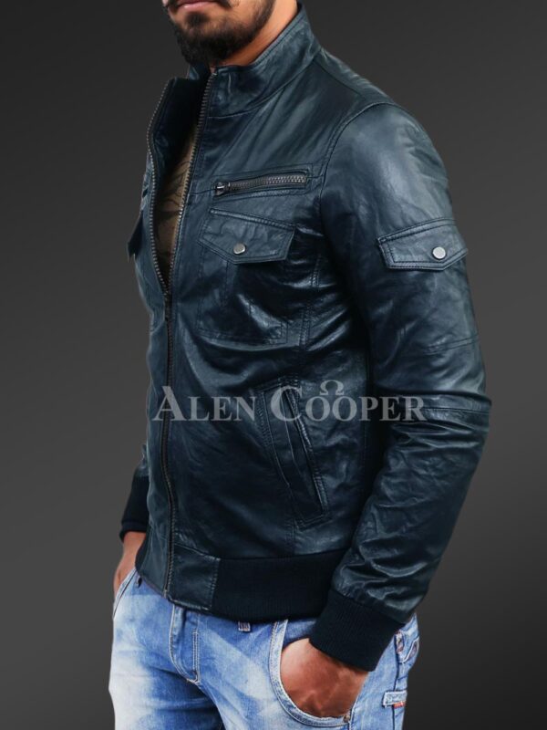 New Slim fit pure n smooth real leather jacket with double faced shearling collar in navy side view