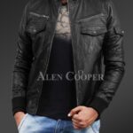 New Slim fit pure n smooth real leather jacket with double faced shearling collar view