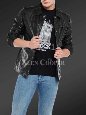 New Soft and comfortable black real leather jacket for men side view
