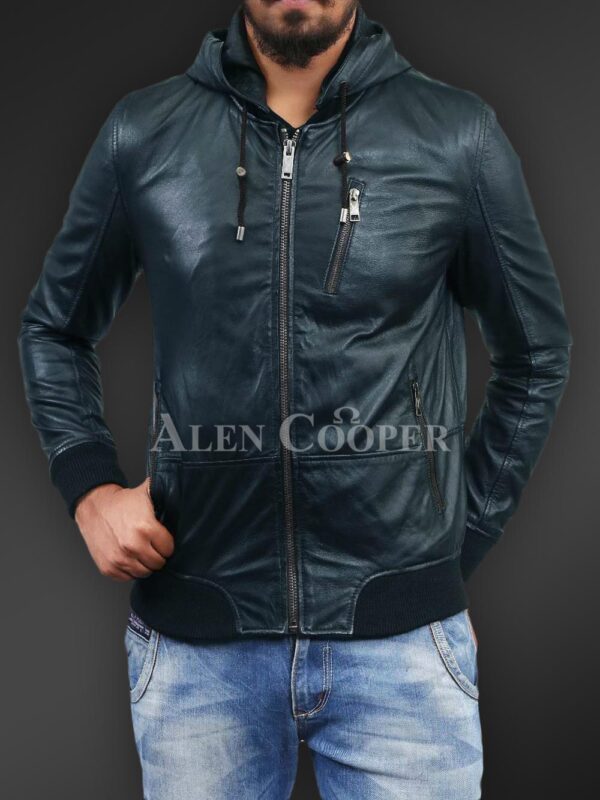 New Soft and smooth textured affordable real leather hooded jacket Navy