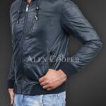 New Soft and smooth textured affordable real leather hooded jacket Navy side view