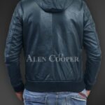 New Soft and smooth textured affordable real leather hooded jacket Navyback side view