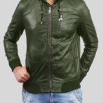New Soft and smooth textured affordable real leather hooded jacket Olive