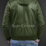 New Soft and smooth textured affordable real leather hooded jacket Olive back side view