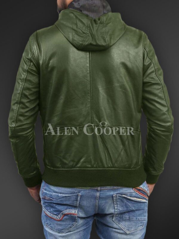 New Soft and smooth textured affordable real leather hooded jacket Olive back side view