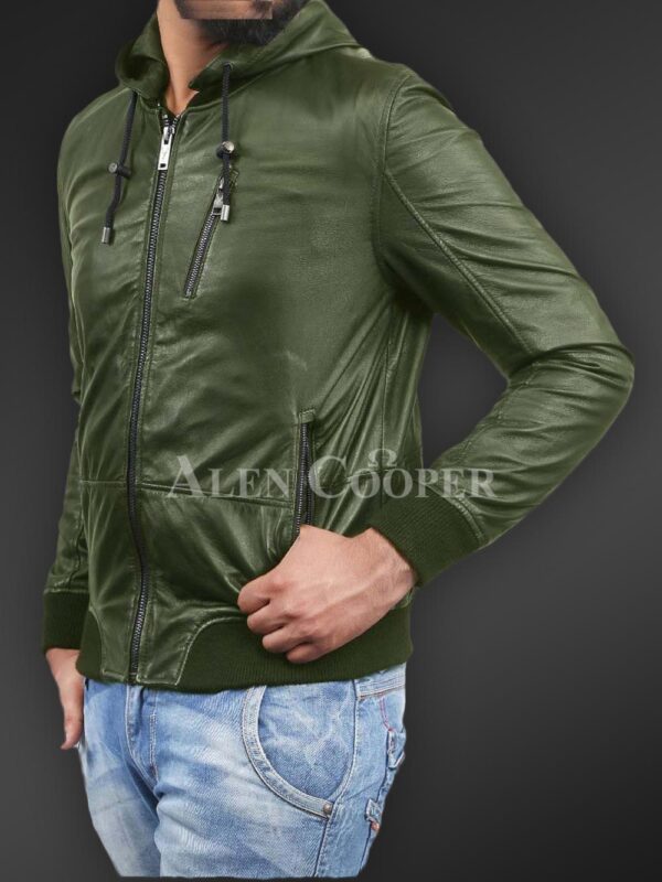 New Soft and smooth textured affordable real leather hooded jacket Olive side view