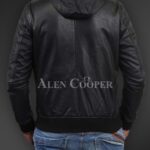 New Soft and smooth textured affordable real leather hooded jacket back side view
