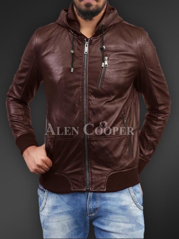 New Soft and smooth textured affordable real leather hooded jacket coffee