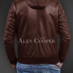 New Soft and smooth textured affordable real leather hooded jacket coffee back side view