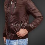 New Soft and smooth textured affordable real leather hooded jacket coffee side view