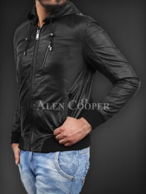 New Soft and smooth textured affordable real leather hooded jacket side view