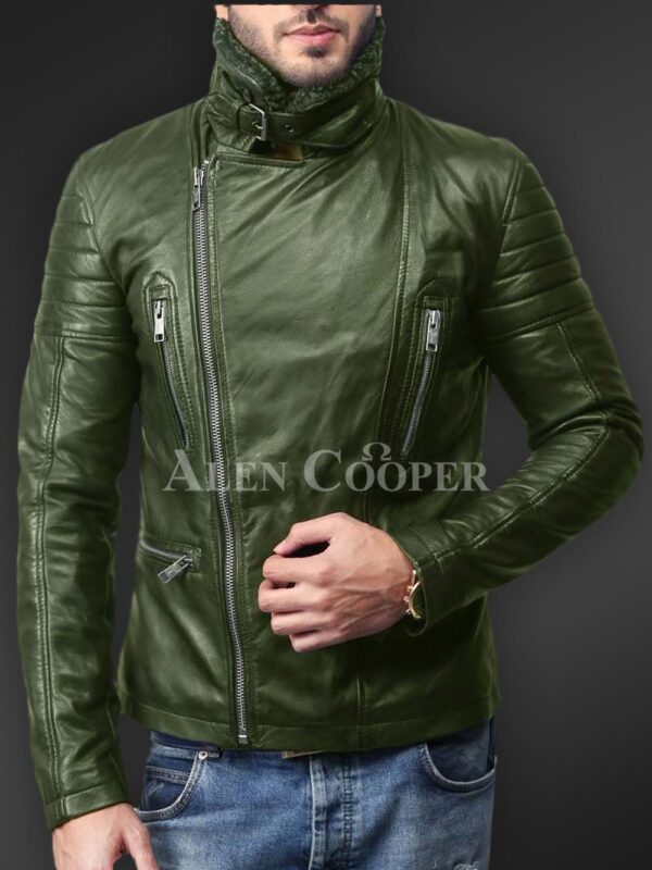 New Soft-and-solid-asymmetrical-zipper-closure-pure-leather-jacket-for-men-in-Olive