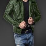 New Soft-and-solid-asymmetrical-zipper-closure-pure-leather-jacket-for-men-in-Olive vies