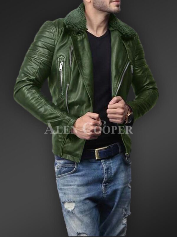 New Soft-and-solid-asymmetrical-zipper-closure-pure-leather-jacket-for-men-in-Olive vies