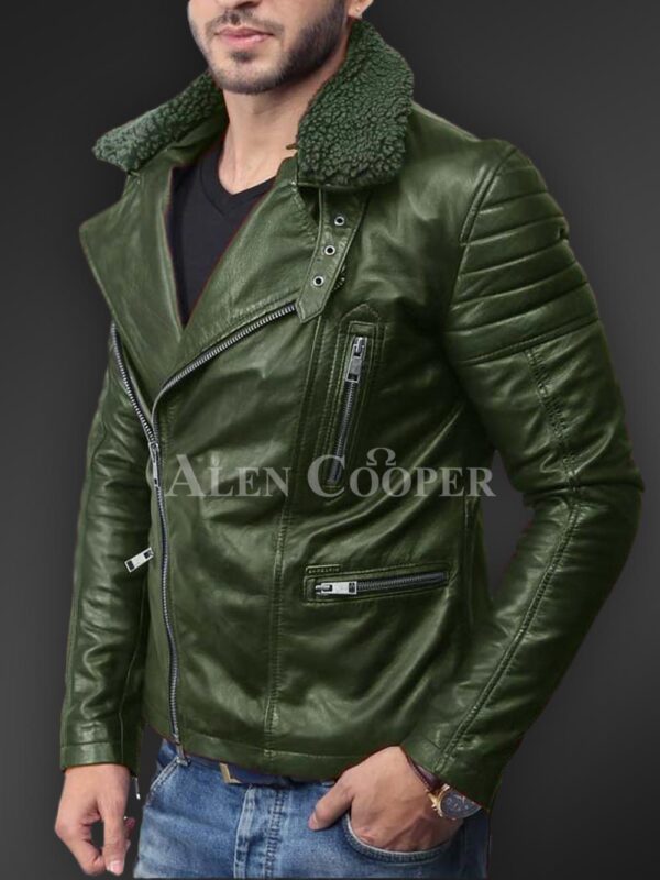 New Soft-and-solid-asymmetrical-zipper-closure-pure-leather-jacket-for-men-in-Olive vies side vew