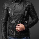 New Soft-and-solid-asymmetrical-zipper-closure-pure-leather-jacket-for-men-in-black