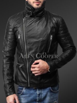 New Soft-and-solid-asymmetrical-zipper-closure-pure-leather-jacket-for-men-in-black