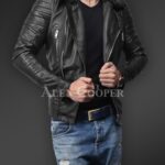 New Soft-and-solid-asymmetrical-zipper-closure-pure-leather-jacket-for-men-in-black Bacck Side views