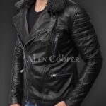 New Soft-and-solid-asymmetrical-zipper-closure-pure-leather-jacket-for-men-in-blackSide view