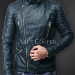 New Soft-and-solid-asymmetrical-zipper-closure-pure-leather-jacket-for-men-in-navy