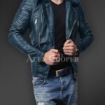 New Soft-and-solid-asymmetrical-zipper-closure-pure-leather-jacket-for-men-in-navyside view