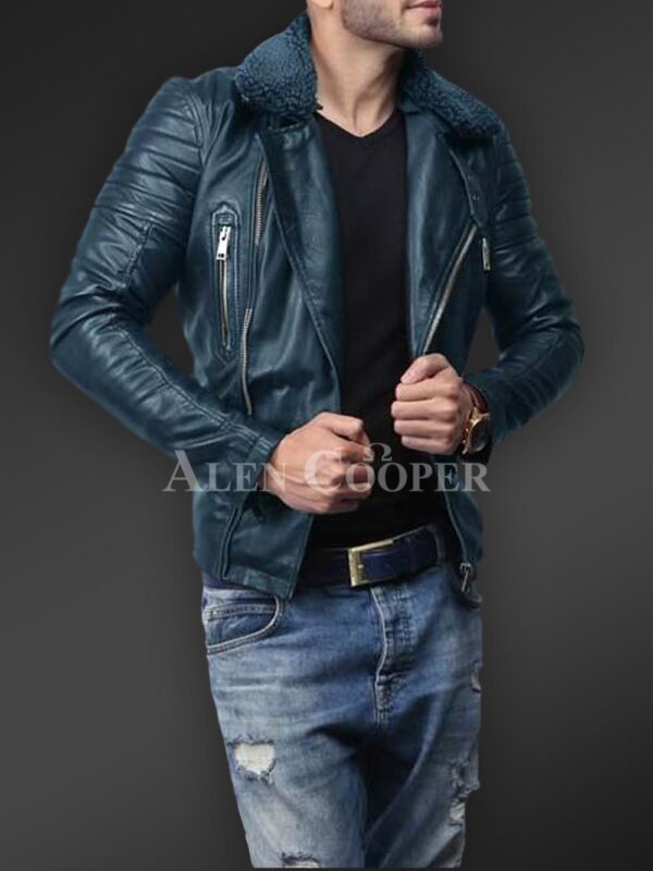 New Soft-and-solid-asymmetrical-zipper-closure-pure-leather-jacket-for-men-in-navyside view