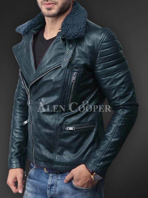 New Soft-and-solid-asymmetrical-zipper-closure-pure-leather-jacket-for-men-in-navysideviews