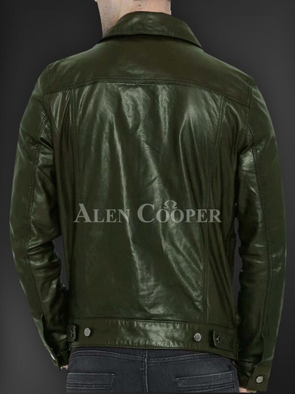 New Soft yet sturdy reasonable leather jacket for men in Olive back side view