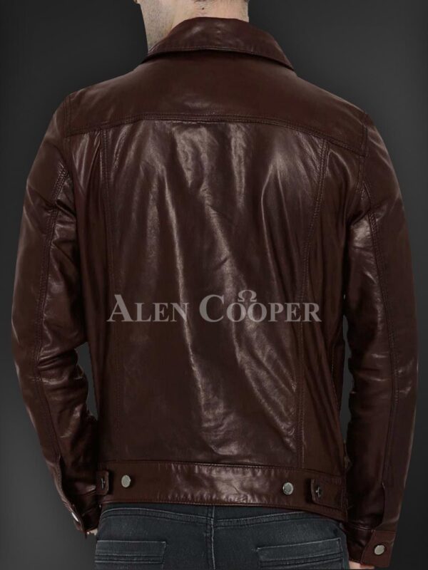 New Soft yet sturdy reasonable leather jacket for men in coffee back side view
