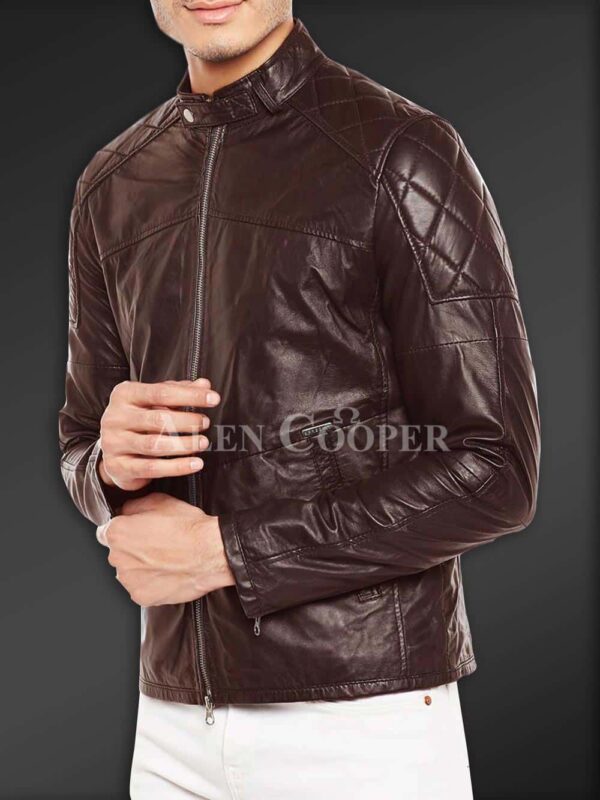 New Super Soft Slim Fit Quilted Real Leather Jacket for Men Coffee side view