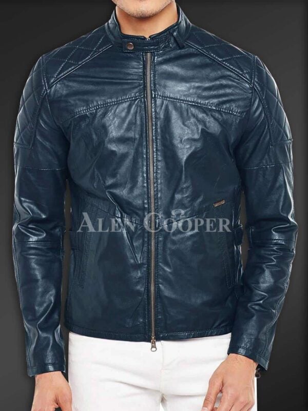 New Super Soft Slim Fit Quilted Real Leather Jacket for Men Navy