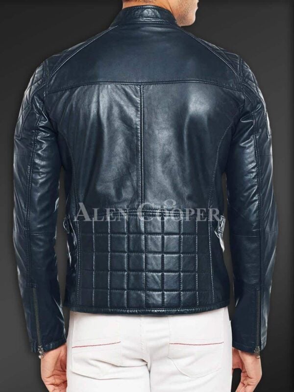 New Super Soft Slim Fit Quilted Real Leather Jacket for Men Navy Back side view