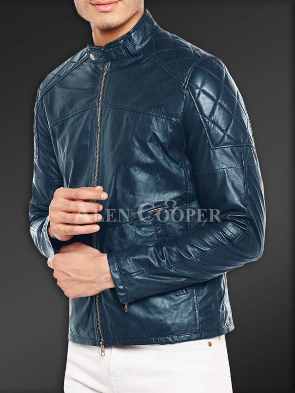 New Super Soft Slim Fit Quilted Real Leather Jacket for Men Navy side view