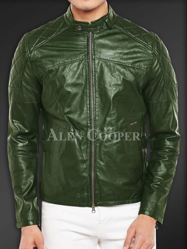 New Super Soft Slim Fit Quilted Real Leather Jacket for Men Olive