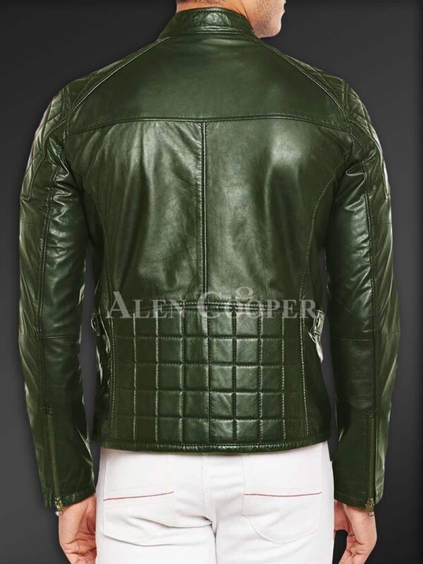 New Super Soft Slim Fit Quilted Real Leather Jacket for Men Olive Back side view