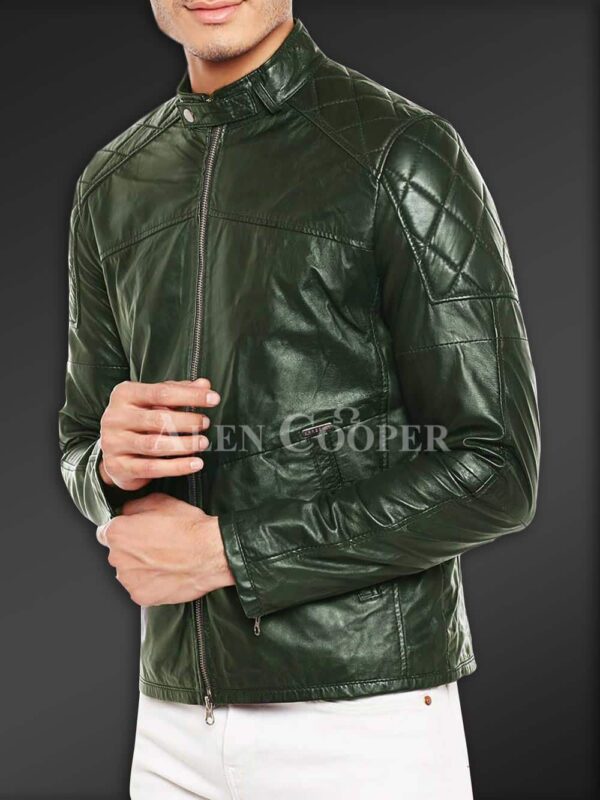 New Super Soft Slim Fit Quilted Real Leather Jacket for Men Olive side view