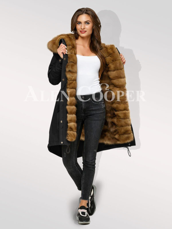 Reinvent your charm with womens Canadian sable fur hybrid black parka convertibles