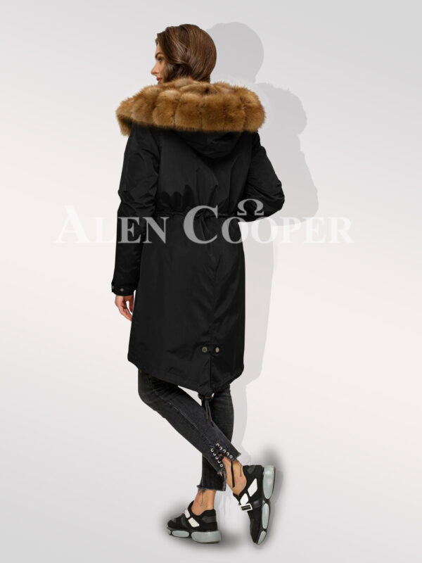 Reinvent your charm with women’s Canadian sable fur hybrid black parka convertibles back side view