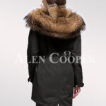 Women’s striking fashion statements with Finn raccoon fur hybrid black parka convertibles back side view