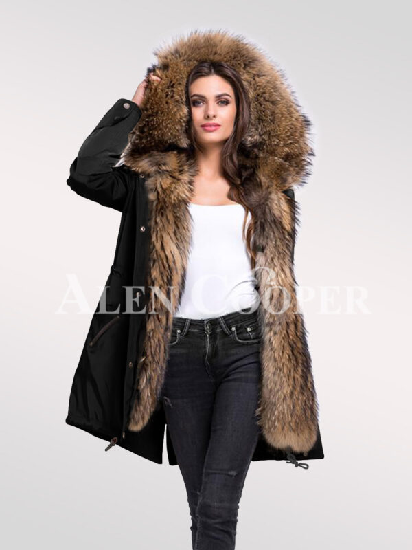 Women’s striking fashion statements with Finn raccoon fur hybrid black parka convertibles