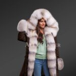 Blending style with utility women’s Blue frost fox fur hybrid coffee parka convertibles