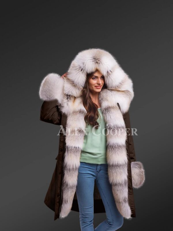 Blending style with utility women’s Blue frost fox fur hybrid coffee parka convertibles