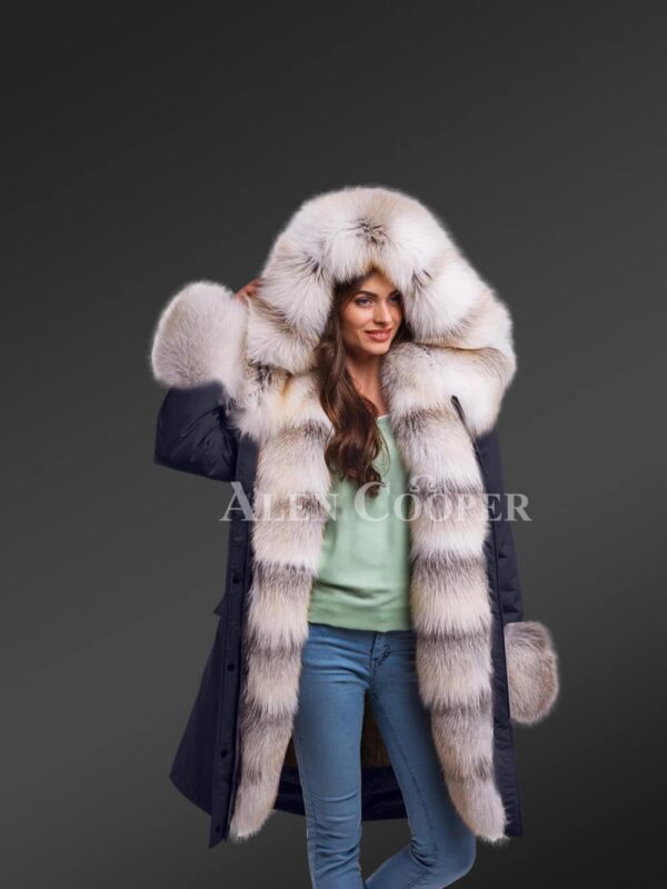 Self-reliance redefined with Blue frost fox fur ladies’ hybrid navy parka convertibles new (1)