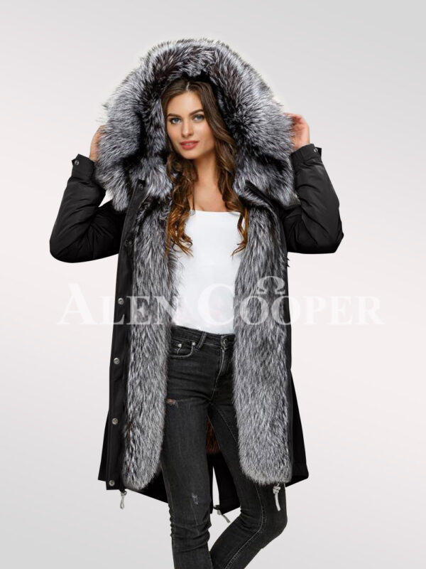 More aristocratic and graceful with ladies’ Scandinavian silver fox fur hybrid black parka convertibles