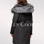 More aristocratic and graceful with ladies’ Scandinavian silver fox fur hybrid black parka convertibles back side view