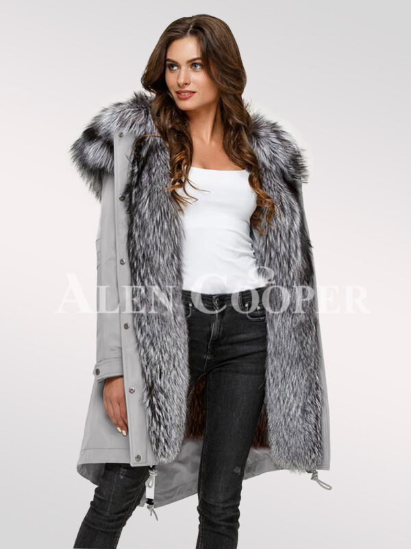 Scintillating Scandinavian silver fox fur hybrid grey parka convertibles for today women