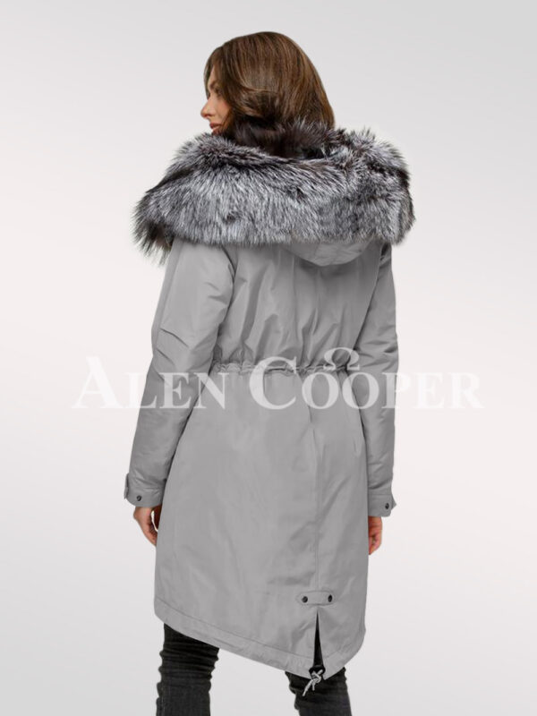 Scintillating Scandinavian silver fox fur hybrid grey parka convertibles for today’s women back side view